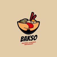 deliciosa almôndega bakso e tigela de restaurante de macarrão com ilustração de ícone de símbolo de logotipo de rosto vetor