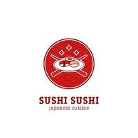 logotipo de sushi de cozinha asiática no prato com pauzinho cruzado e fundo redondo vermelho asiático vetor