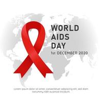 cartaz do evento do dia do HIV da aids mundial com símbolo de fita vermelha e ilustração vetorial de mapa do mundo de fundo branco vetor