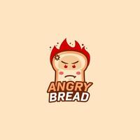 ícone de logotipo de padaria de pão com raiva mascote de desenho animado de pão com ilustração de cabeça e olhos queimando de chama com raiva louca vetor