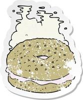 adesivo retrô angustiado de um bagel de desenho animado vetor