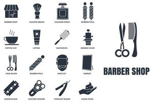 barbearia banner web conjunto de ícones. spray de colônia, lâmina de barbear, espelho, loção, poste de barbeiro, xícara de café e mais conceito de ilustração vetorial. vetor