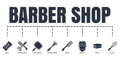 barbearia banner web conjunto de ícones. pente, tesoura e pente, lâmina de barbear, sabonete, toalha, espelho de mão, conceito de ilustração vetorial de corte de cabelo. vetor