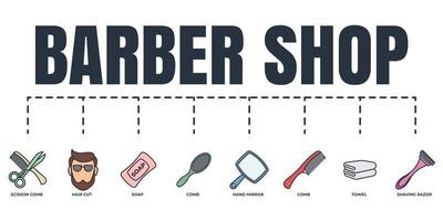 barbearia banner web conjunto de ícones. pente, tesoura e pente, lâmina de barbear, sabonete, toalha, espelho de mão, conceito de ilustração vetorial de corte de cabelo. vetor
