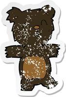 adesivo retrô angustiado de um lindo filhote de urso preto de desenho animado vetor