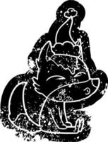 ícone angustiado dos desenhos animados de um lobo assobiando usando chapéu de papai noel vetor