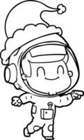 desenho de linha feliz de um homem astronauta usando chapéu de papai noel vetor