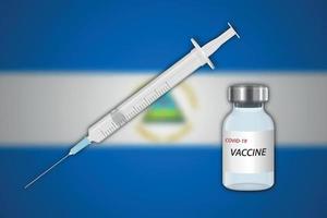 seringa e frasco de vacina em desfoque de fundo com bandeira da nicarágua vetor