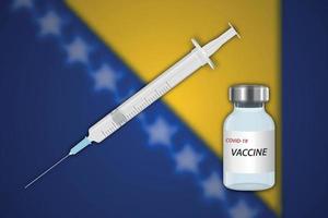 seringa e frasco de vacina sobre fundo desfocado com bandeira da bósnia, vetor