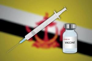 seringa e frasco de vacina em desfoque de fundo com bandeira brunei, vetor