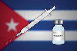 seringa e frasco de vacina em desfoque de fundo com bandeira de cuba, vetor