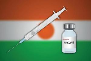 seringa e frasco de vacina em desfoque de fundo com bandeira do niger, vetor