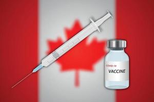 seringa e frasco de vacina em desfoque de fundo com bandeira do canadá vetor
