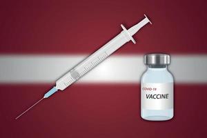 seringa e frasco de vacina em desfoque de fundo com bandeira da letônia vetor