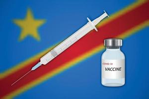 seringa e frasco de vacina sobre fundo desfocado com bandeira dr congo, vetor