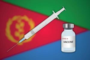 seringa e frasco de vacina sobre fundo desfocado com bandeira da eritreia, vetor