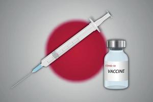 seringa e frasco de vacina em desfoque de fundo com bandeira do japão vetor