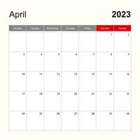 modelo de calendário de parede para abril de 2023. feriado e planejador de eventos, semana começa na segunda-feira. vetor