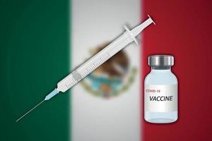 seringa e frasco de vacina em desfoque de fundo com bandeira do méxico vetor