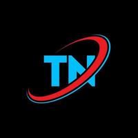 logotipo t. projeto tn. letra tn azul e vermelha. design de logotipo de letra tn. letra inicial tn vinculado ao logotipo do monograma em maiúsculas do círculo. vetor