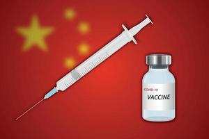 seringa e frasco de vacina em desfoque de fundo com bandeira da china vetor