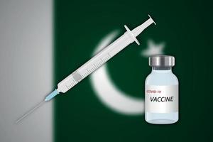 seringa e frasco de vacina em desfoque de fundo com bandeira do paquistão vetor