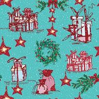 vintage sem costura feliz natal estilo na mão desenhada estilo sobre fundo verde. ícone de linha de inverno de férias de presente vetor