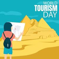 gráfico de ilustração vetorial do homem segurando o mapa do mundo no destino turístico do Egito, mostrando a estátua da esfinge e a pirâmide no deserto, perfeito para o dia mundial do turismo, comemorar, cartão de felicitações, etc. vetor