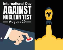 ilustração vetorial gráfico da mão está pressionando o botão nuclear, mostrando um míssil nuclear em voo, perfeito para o dia internacional contra teste nuclear, comemorar, cartão de felicitações, etc vetor