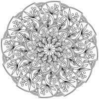 mandala ornamentada com raminhos de frutas e folhas, página para colorir meditativa com motivos de plantas vetor