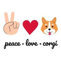 cabeça de corgi com sinal de paz e coração. ilustração vetorial com cachorro alegre sorrindo com a língua de fora. perfeito para pôster, notebook, decoração de quarto infantil ou pet shop vetor