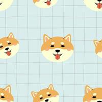 sem costura padrão com cabeça de shiba inu. de fundo vector azul em estilo desenhado à mão. padrão de cachorrinho fofo e alegre para banheiro infantil, pijama, quarto, papelaria, pet shop ou blog de animais