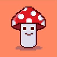 arte de pixel de personagem de cogumelo no fundo da bandeira vermelha vetor