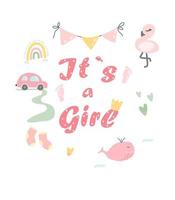 ilustração de festa de gênero. cartão postal para uma menina. elementos birthday.pink da filha, arco-íris, flamingo, decoração para uma festa de gênero. vetor