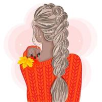 outono, garota segurando folhas, costas, ilustração vetorial, impressão vetor