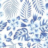 padrão sem emenda de folha de palmeira tropical de verão à noite com folhas de samambaia monstera e folhagem de plantas na cor monocromática azul sobre fundo escuro. desenho de flores leves. textura na moda. estampa da selva vetor