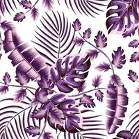 folhas de palmeira de banana tropical e padrão de folhagem de plantas roxas, fundo de padrão de praia floral vetor sem costura de folha de selva. padrão abstrato de tendência. textura na moda. trópicos exóticos. projeto de verão