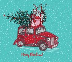 cartão de natal festivo. táxi vermelho com abeto decorado bolas vermelhas e presentes no telhado. fundo branco nevado sem costura e texto feliz natal vetor