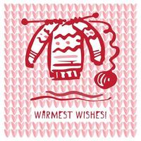 cartão de feliz natal com suéter de tricô bonito desenhado à mão, designs retrô vintage com desejos mais calorosos de texto. vetor