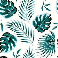 composição tropical com folhas de palmeira monstera azul e padrão sem emenda de folhagem de plantas sobre fundo claro. desenho vetorial decorativo. papel de parede exótico da selva. papel de parede da natureza. projeto de verão. arte vetor