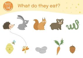 o que eles comem. atividade de correspondência para crianças com animais e alimentos que comem. jogo de floresta engraçado para crianças. planilha de teste lógico. vetor
