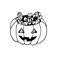 balde de abóbora doodle desenhado à mão com doces. vector jack o lanterna bonito com doces para o halloween. contorno. cesta de abóbora.