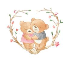 amante de urso bonito dos desenhos animados, abraçando-se em forma de coração de galhos de árvores vetor
