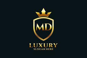 logotipo de monograma de luxo elegante inicial md ou modelo de crachá com pergaminhos e coroa real - perfeito para projetos de marca luxuosos vetor