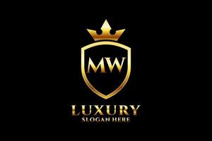 logotipo de monograma de luxo elegante inicial mw ou modelo de crachá com pergaminhos e coroa real - perfeito para projetos de marca luxuosos vetor