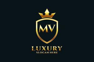 logotipo de monograma de luxo elegante inicial mv ou modelo de crachá com pergaminhos e coroa real - perfeito para projetos de marca luxuosos vetor