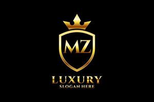 logotipo de monograma de luxo elegante inicial mz ou modelo de crachá com pergaminhos e coroa real - perfeito para projetos de marca de luxo vetor
