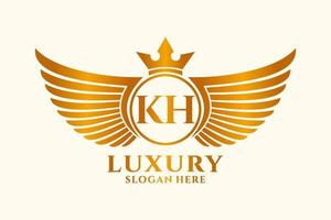 vetor de logotipo de cor de ouro de crista de asa real de luxo kh, logotipo da vitória, logotipo de crista, logotipo de asa, modelo de logotipo vetorial.