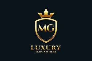 inicial mg logotipo de monograma de luxo elegante ou modelo de crachá com pergaminhos e coroa real - perfeito para projetos de marca luxuosos vetor