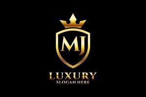 logotipo de monograma de luxo elegante inicial mj ou modelo de crachá com pergaminhos e coroa real - perfeito para projetos de marca luxuosos vetor